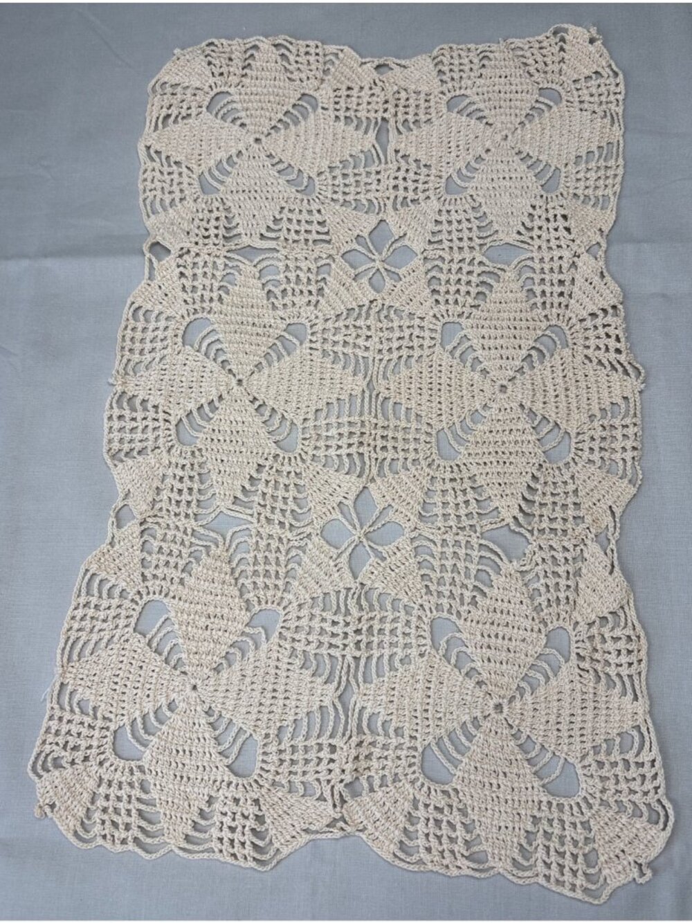 Hand-Crocheted Beige Rectangular Lace Doily 9x14" Ornate Floral Vintage